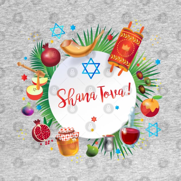 Happy Rosh Hashanah - Shana Tova! Autumn New Year Jewish Holiday Paty. Honey and Apple, Pomegranate, Shofar, Star of David, traditional symbols, torah, shofar, pomegranates, star of David, tropical palm tree leaves decoration, pink color by sofiartmedia